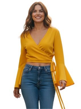 SHEIN Yellow Wrap Blouse with Flared Sleeves